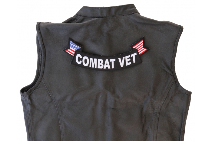 Combat Vet Patch, US Flag Large Rocker Patch shown on leather vest