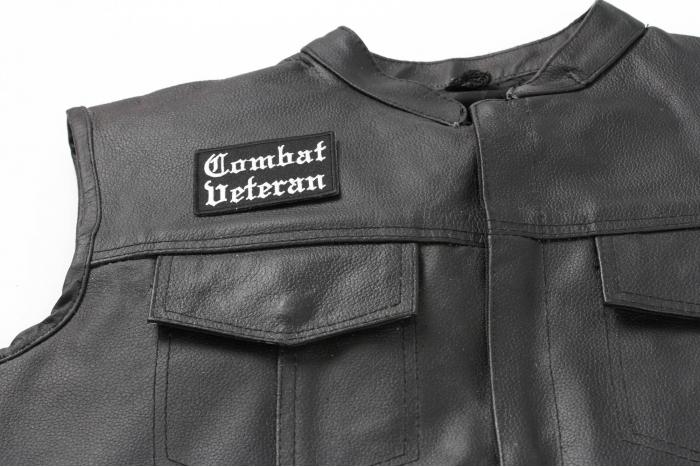 Combat Veteran Patch In Old English, Military Vet Patches shown on leather vest