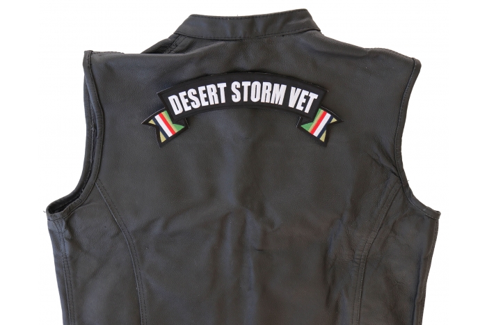 Desert Storm Vet Patch, US Flag Large Rocker Patch shown on leather vest