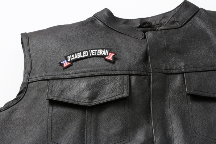 Disabled Veteran Patch with American Flag Tips, Military Vet Patches shown on leather vest