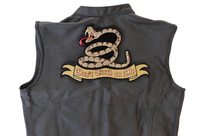Don't Tread on Me Snake Patch, Large Patriotic Patches shown on leather vest
