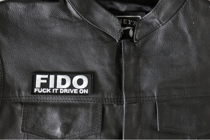 FIDO Fuck it drive on Patch, Biker Sayings shown on leather vest