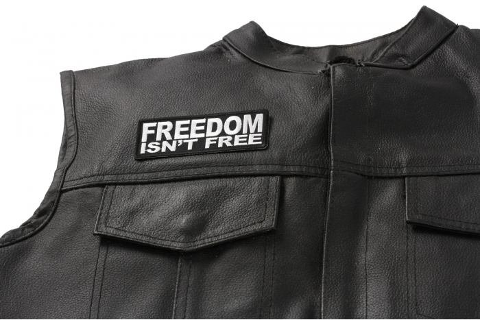 Freedom Isn't Free Patch, Patriotic Saying Patches shown on leather vest