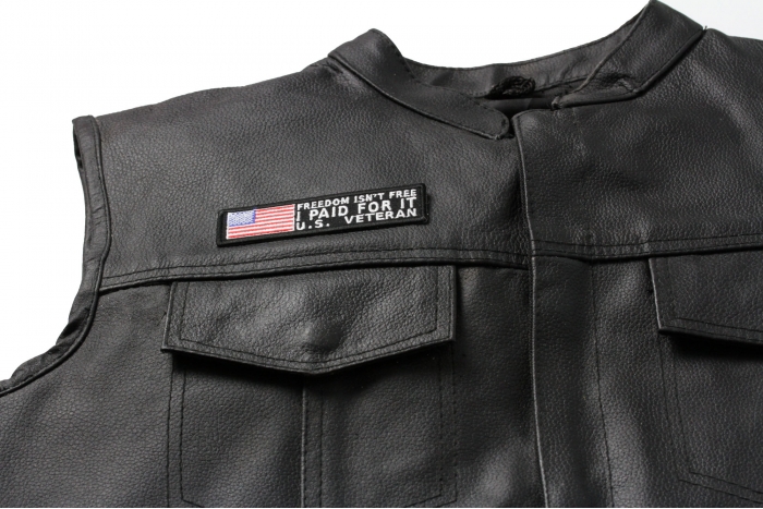 Freedom Isn't Free I Paid for It US Veteran Patch, Military Saying Patches shown on leather vest