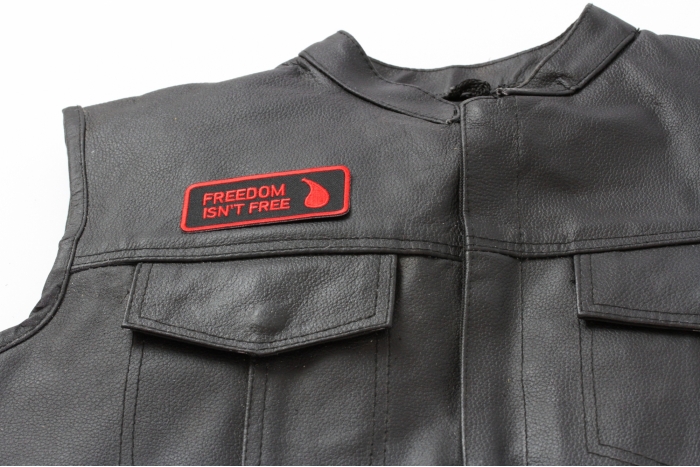Freedom Isn't Free Blood Drop Patch - 3.5x1.5 inch. Embroidered Iron on Patch shown on leather vest