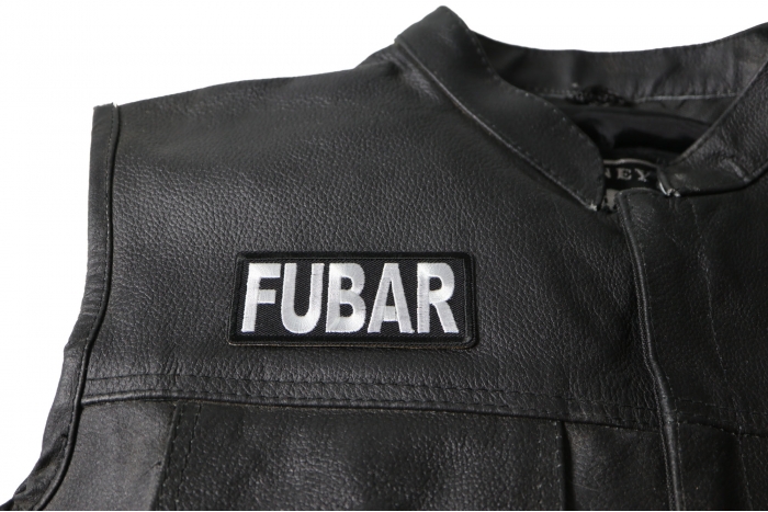 FUBAR Patch Patch, Military Saying Patches shown on leather vest