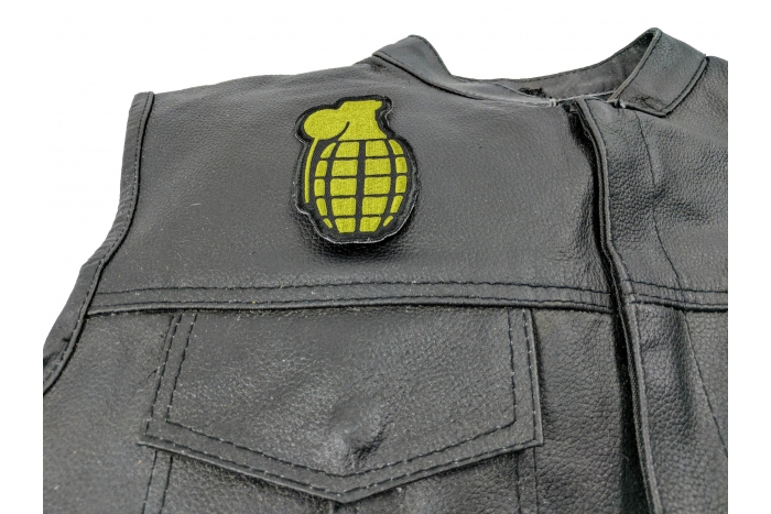Grenade Patch in OD Green - 2.25x3.5 inch. Embroidered Iron on Patch shown on leather vest