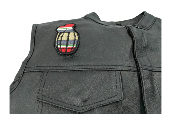 Grenade Patch Iraq War Colors - 2.25x3.5 inch. Embroidered Iron on Patch shown on leather vest