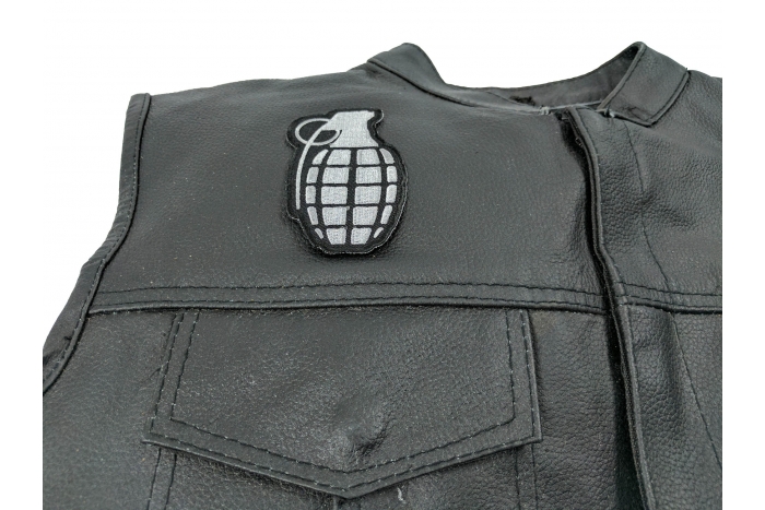 Grenade Patch - 2.25X3.5 inch. Embroidered Iron on Patch shown on leather vest