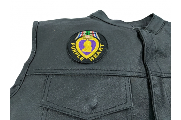 Gulf War Purple Heart Patch - 3x3 inch. Embroidered Iron on Patch shown on leather vest