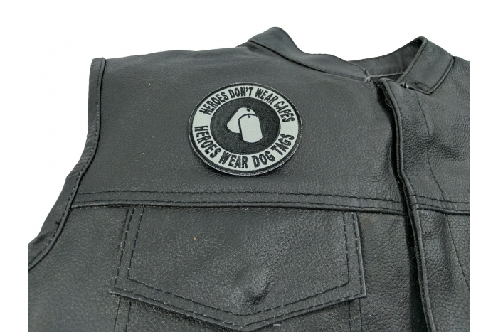 Heroes Don't Wear Capes Round Patch - 3x3 inch shown on leather vest