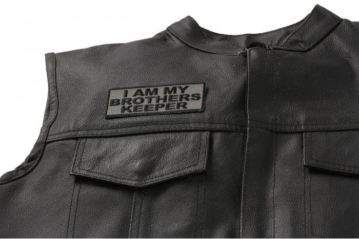 I Am My Brothers Keeper Patch, Military Saying Patches shown on leather vest