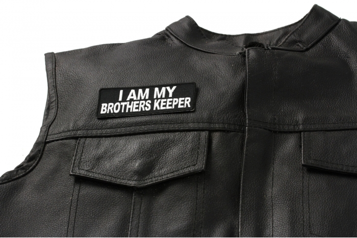 I Am My Brothers Keeper Patch, Military Saying Patches shown on leather vest