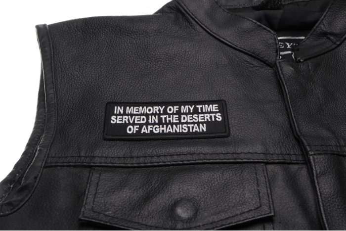 in Memory of My Time Served in The Deserts of Afghanistan Patch - 4x1.5 inch. Embroidered Iron on Patch shown on leather vest