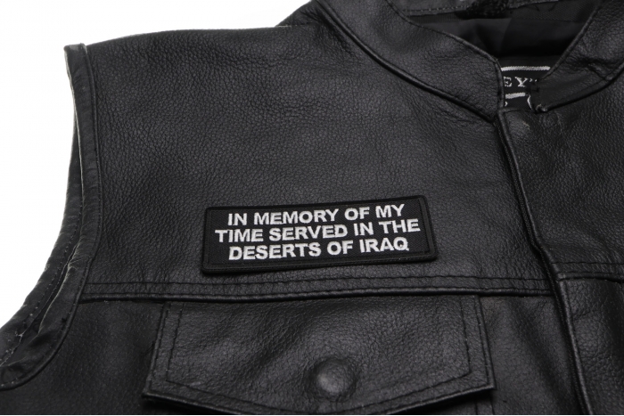 in Memory of My Time Served in The Deserts of Iraq Patch - 4x1.5 inch. Embroidered Iron on Patch shown on leather vest