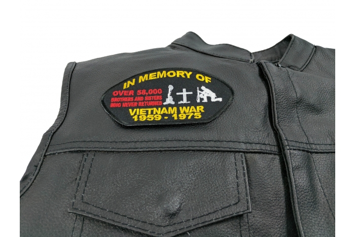 In Memory Of Vietnam Cap Patch - 5x2.75 inch. Embroidered Iron on Patch shown on leather vest