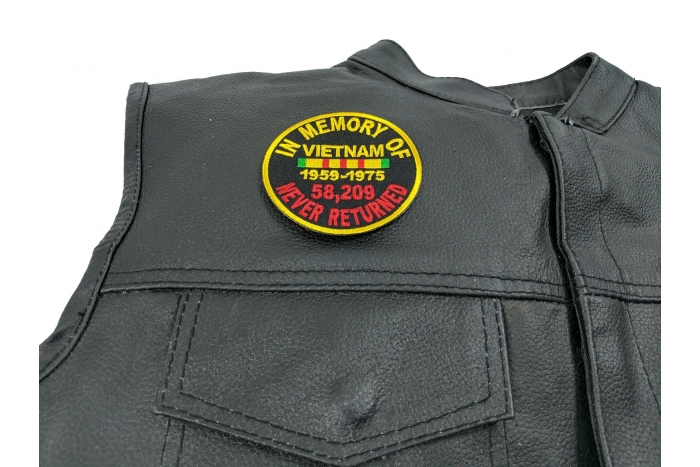 In Memory Of Vietnam Round Patch - 3x3 inch. Embroidered Iron on Patch shown on leather vest