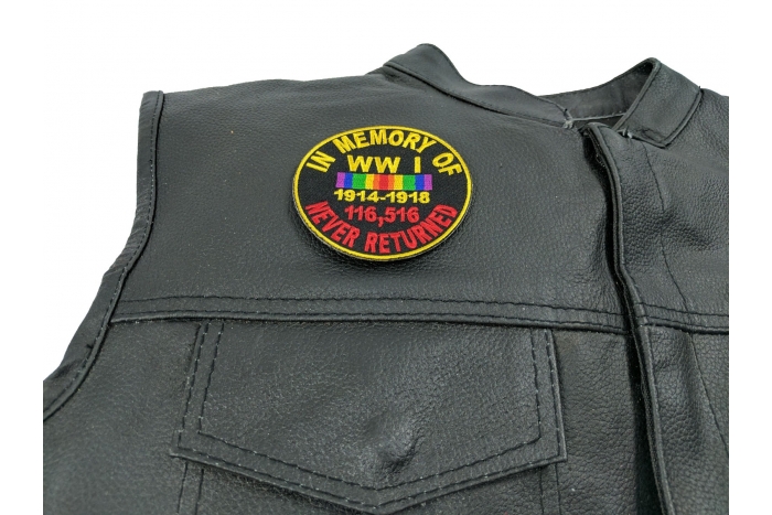 In Memory Of World War 1 Round Patch - 3x3 inch. Embroidered Iron on Patch shown on leather vest