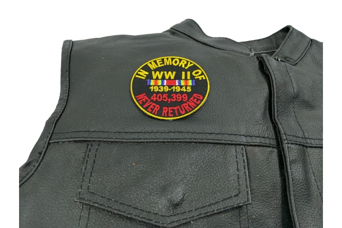 In Memory Of World War 2 Round Patch - 3x3 inch. Embroidered Iron on Patch shown on leather vest