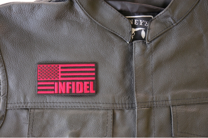 Infidel American Flag Black Red Patch - By Ivamis Trading - 3.75x2 inch shown on leather vest