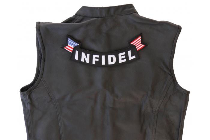 Infidel Patch, US Flag Large Rocker Patch shown on leather vest