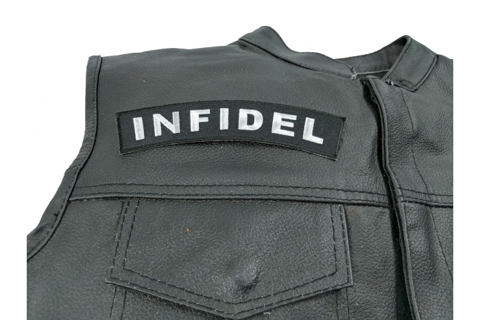 Infidel Patch, Patches for Jackets shown on leather vest