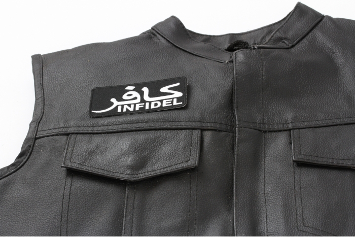 Infidel Patch, Military Patches shown on leather vest