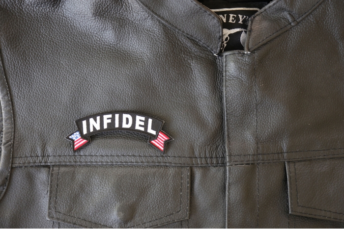 Infidel Patch, Military Patches shown on leather vest
