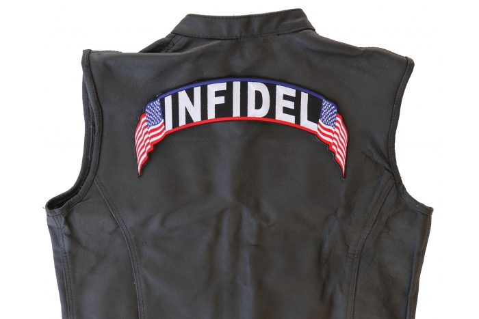 Infidel Patch, US Flag Large Rocker Patch shown on leather vest