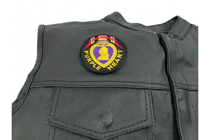 Iraqi Freedom Purple Heart Patch - 3x3 inch. Embroidered Iron on Patch shown on leather vest