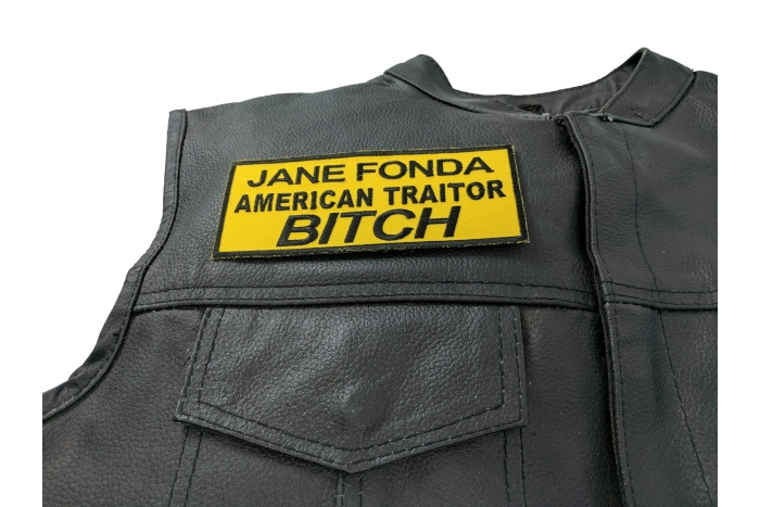 Jane Fonda American Traitor Bitch Patch, Patriotic Saying Patches shown on leather vest