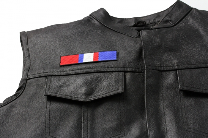 Kosovo Campaign Ribbon - Iron on Patch - 4x1 inch shown on leather vest
