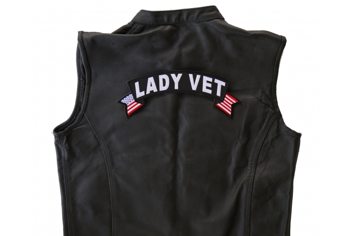 Lady Vet Patch, US Flag Large Rocker Patch shown on leather vest