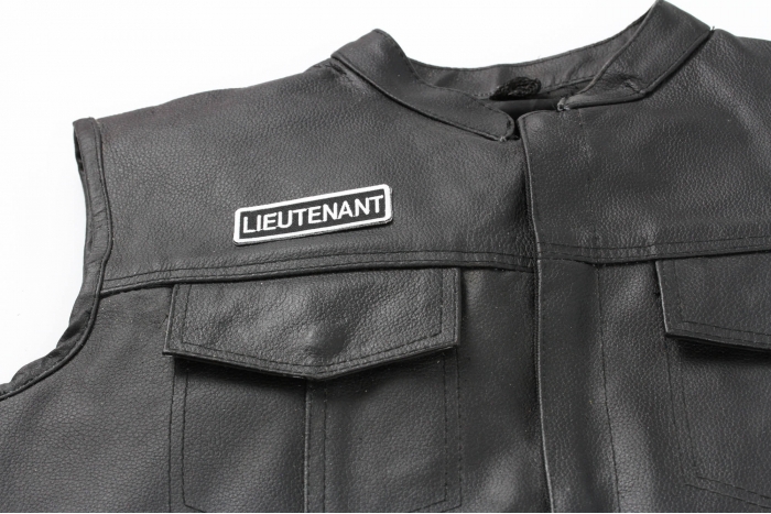 Lieutenant Patch - 3x1 inch Embroidered Iron on Patch shown on leather vest