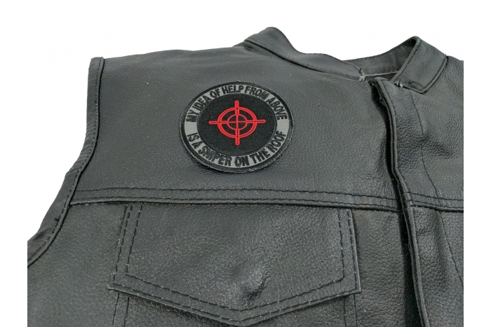 My Idea Of Help From Above Sniper On Roof Patch - 3x3 inch. Embroidered Iron on Patch shown on leather vest