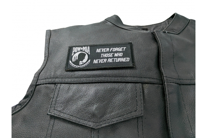 Never Forget Those Who Never Returned POW MIA Patch, Patriotic Patches, Iron on Quotes and Sayings for Hats shown on leather vest