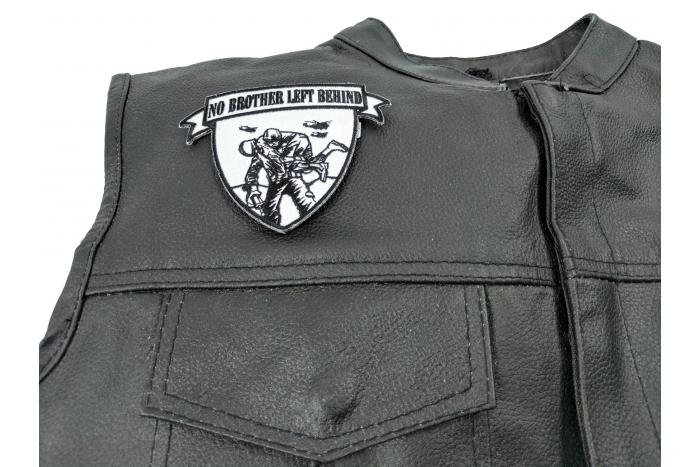 No Brother Left Behind Small Patch - 4.5x3.5 inch. Embroidered Iron on Patch shown on leather vest