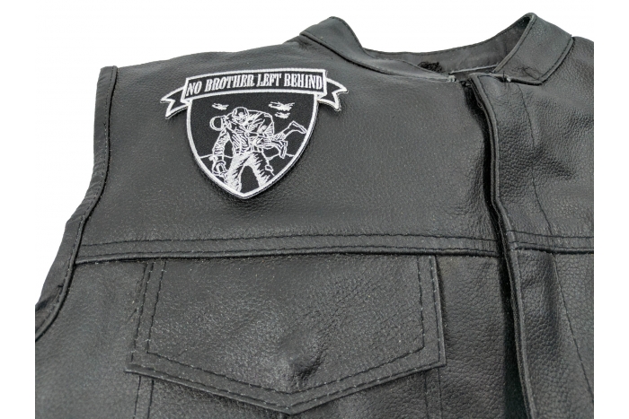 No Brother Left Behind Soldier Carrying Soldier Patch - 4.5x3.5 inch. Embroidered Iron on Patch shown on leather vest