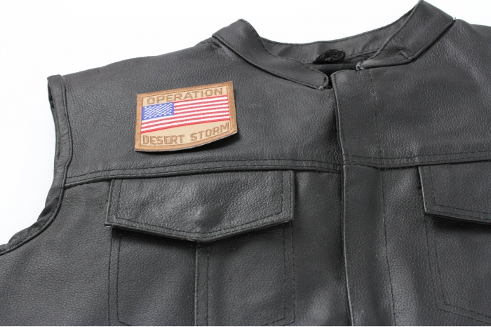 Operation Desert Storm Patch - 3x3 inch. Embroidered Iron on Patch shown on leather vest