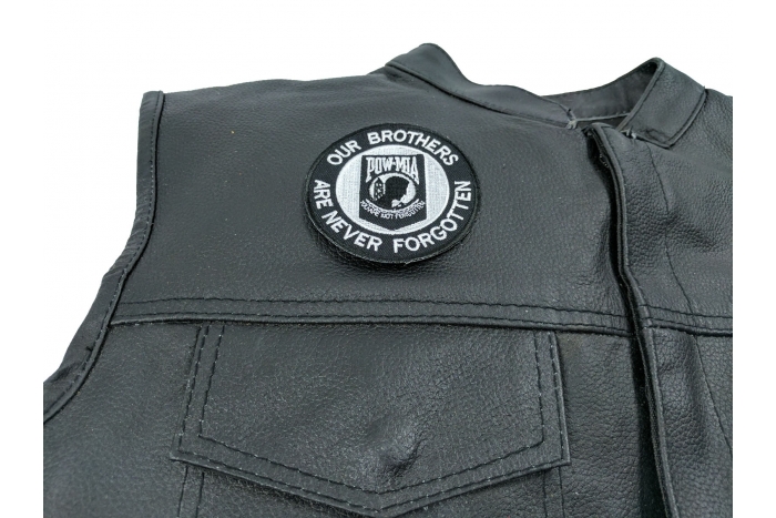 Our Brothers Are Never Forgotten Patch Small - 3x3 inch. Embroidered Iron on Patch shown on leather vest