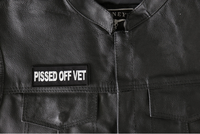Pissed off Vet Patch, Military Saying Patches shown on leather vest