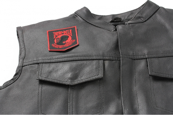 POW MIA Patch Black Red - 2.5x3 inch. Embroidered Iron on Patch shown on leather vest