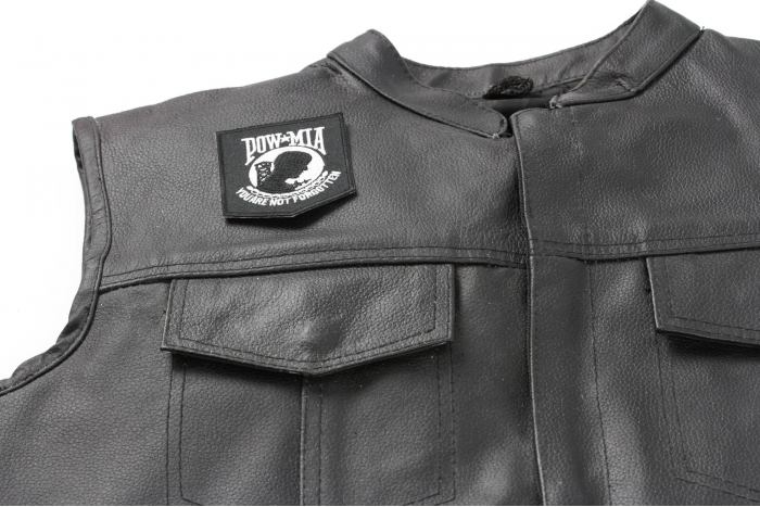 POW MIA Patch Black White - 2.5x3 inch. Embroidered Iron on Patch shown on leather vest
