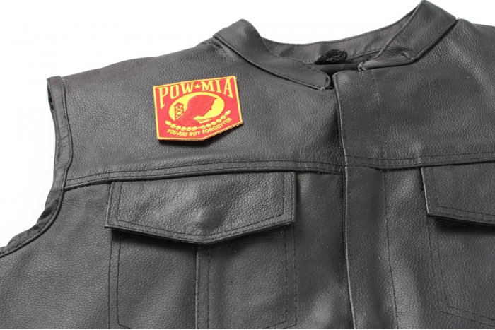 POW MIA Red and Yellow Patch - 2.5x3 inch. Embroidered Iron on Patch shown on leather vest
