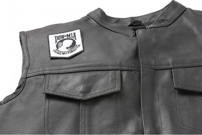 POW MIA Reflective Patch - 2.5x3 inch. Embroidered Iron on Patch shown on leather vest