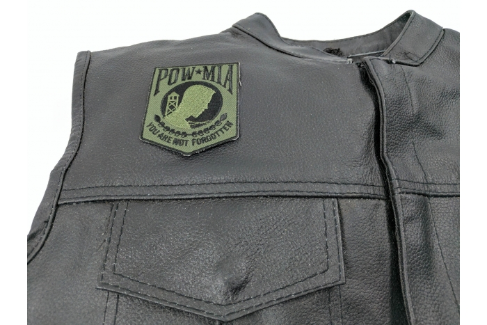 POW MIA Subdued Green Patch - 2.5x3 inch shown on leather vest