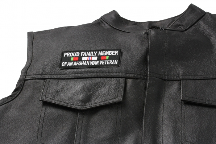 Proud Family Afghan War Vet Patch - Iron on Patch - 4x1.5 inch shown on leather vest