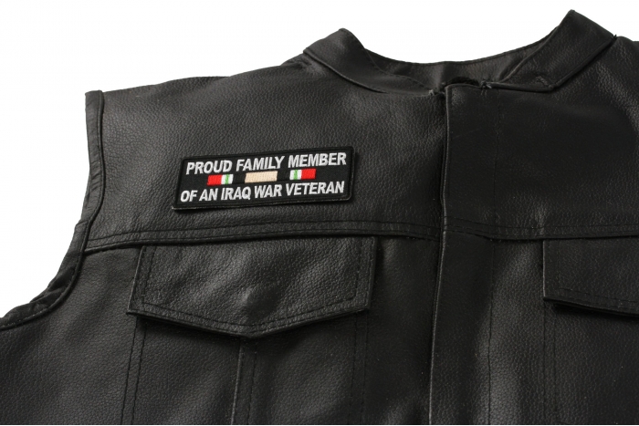 Proud Family Iraq War Vet Patch - 4x1.5 inch. Embroidered Iron on Patch shown on leather vest