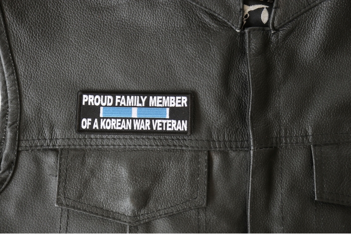 Proud Family Member of a Korean War Veteran Patch, Military Vet Patches shown on leather vest