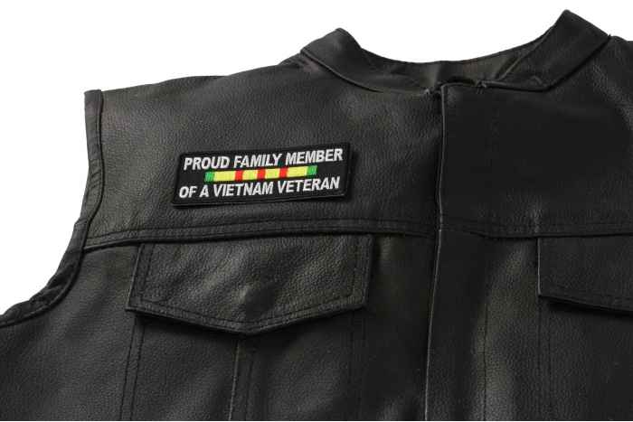Proud Family Vietnam Vet Patch - 4x1.5 inch. Embroidered Iron on Patch shown on leather vest